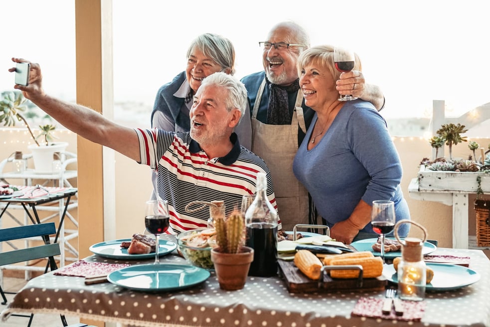 Happy Seniors Friends Taking Selfie with Mobile Smartphone Camera